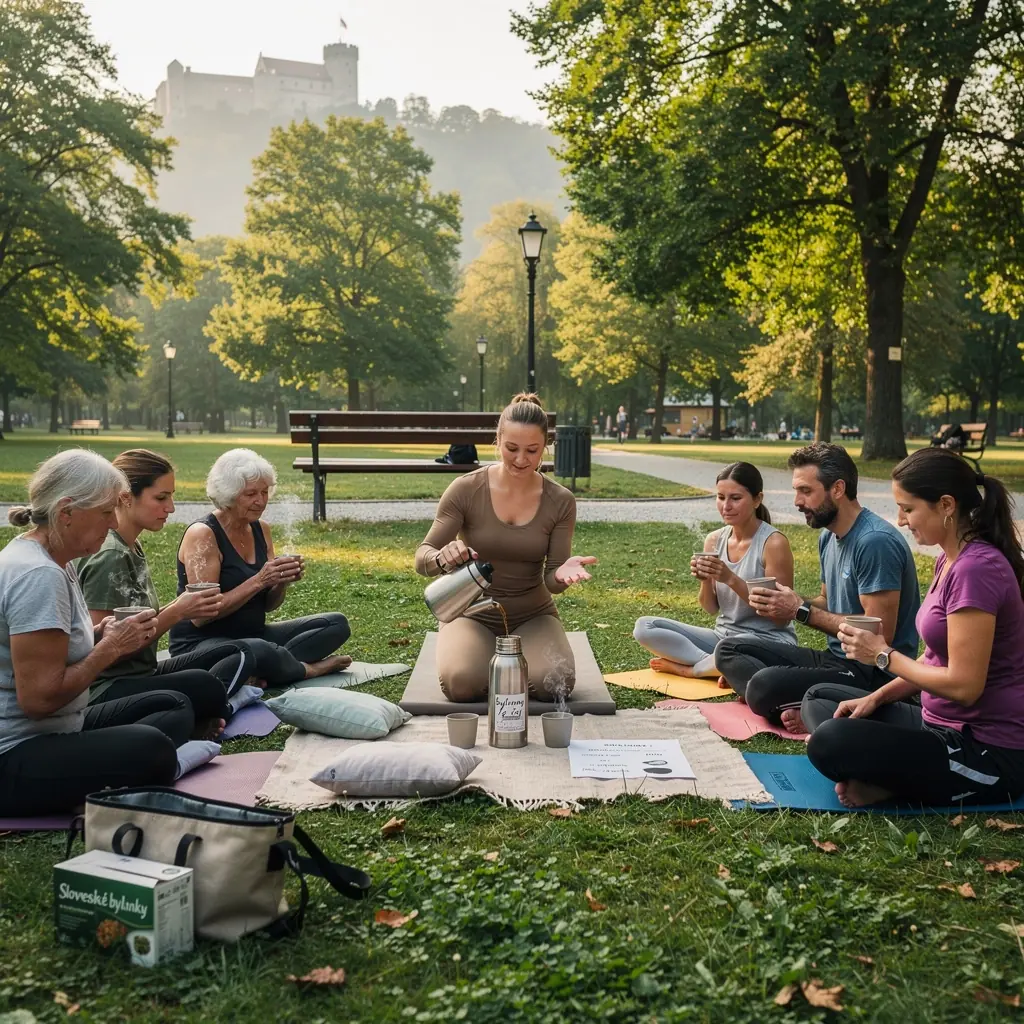Slovenský bylinkový čaj servírovaný na drevenom podnose s medom a citrónom
